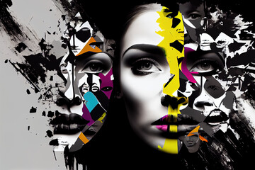 Abstract faces collage black and white with abstract colours  mental health concept  Generative AI Illustration