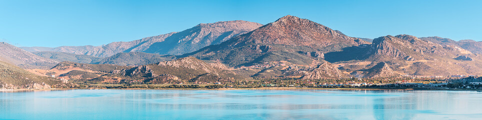 Panoramic view of Egirdir lake and town in Isparta region. Calm turquoise and scenic coast of...