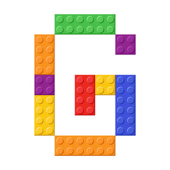 Colorful toy bricks of letter G cartoon illustration. Rainbow letter from blocks for children poster, games, banner or to compose word. ABC typography, font concept