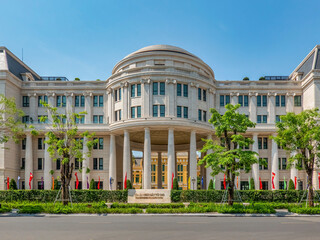 Fototapeta premium Hanoi, Vietnam - May 04, 2022: Top view aerial photo of Supreme People's Court, Ha Noi City, Vietnam