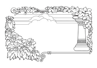 Vintage frame with a column and plants. Border. Vector illustration.