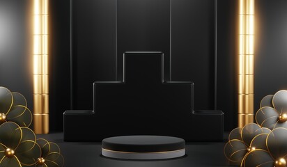 3D rendering of backdrop black podium background show room for black friday products and sale banner