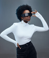 Futuristic sunglasses, fashion and black woman, cyberpunk and gen z with trendy designer brand...
