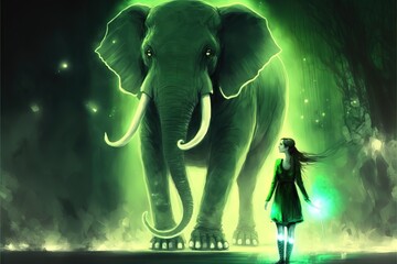 Green elephant spirit and girl