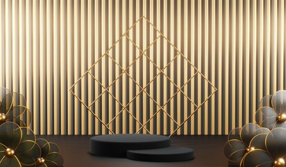 3D rendering of backdrop black podium background show room for black friday products and sale banner