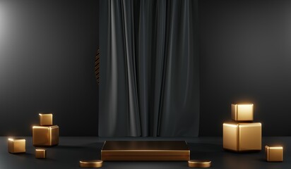 3D rendering of backdrop black podium background show room for black friday products and sale banner