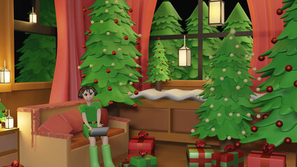 Background, Christmas tree with gifts , 3D