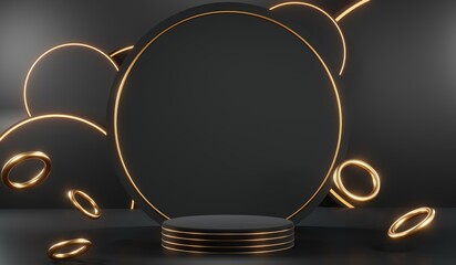 3D rendering of backdrop black podium background show room for black friday products and sale banner