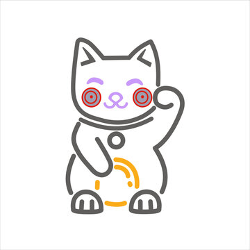 lucky cat is white, vector with gray and yellow lines