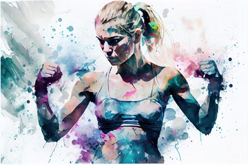Strong confidence fitness woman, grunge style. Generative art - obrazy, fototapety, plakaty