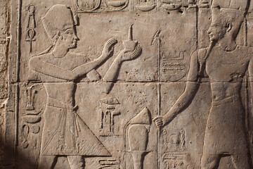 Luxor temple bas relief detail and Egyptian hieroglyphs, Upper Egypt