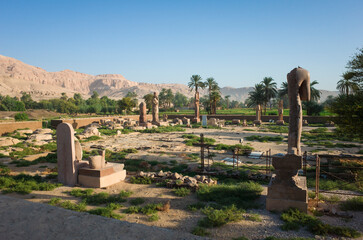 Remnants of ancient Egyptian civilization, Temple ruins and archaeological site at Mortuary Temple of Amenhotep III in Thebes, Luxor