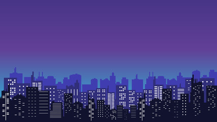 Panoramic landscape silhouette of the city at night with many tall buildings around