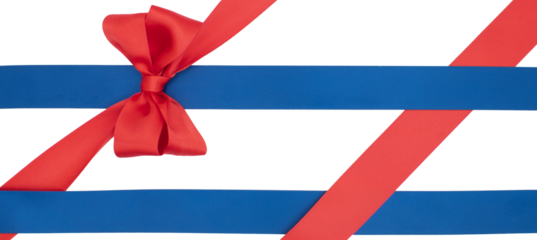 Nœud de ruban de satin pour paquet cadeau de couleurs rouge et bleu, isolé sur du fond transparent.