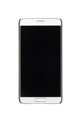 Smartphone with black screen isolated on white background. White smartphone top view.