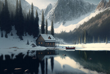 A cute cottage sits on a majestic lake with a rugged mountain range in the background. Pine trees and snow add to the serene winter scene. AI-Assisted Image.