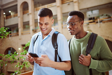 University, friends and students with phone at campus for knowledge research. Education, cellphone...