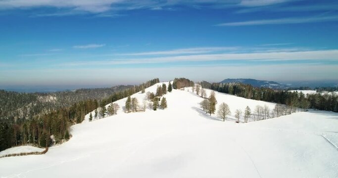 Winter landscape sunny day drone