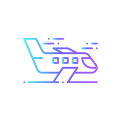 Airplane Transportation icon with blue gradient outline style. Vehicle, symbol, transport, line, outline, travel, automobile, editable, pictogram, isolated, flat. Vector illustration