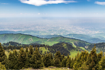 The famous mountainous place Kok-Zhailau overlooking the city of Almaty, a popular hiking trail for weekend tours.