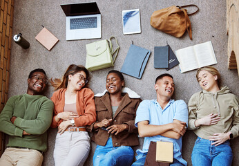 College floor, diversity and laughing students relax after group project, research education study...