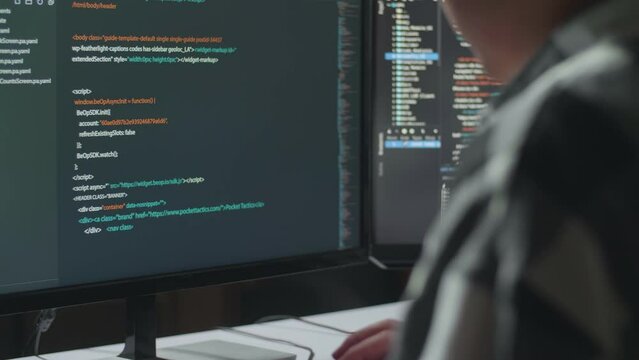Close Up Of Desktop Computer'S Monitor Showing Script Creating Software Engineer Developing App, Program, Video Game At Home. Terminal With Coding Language 

