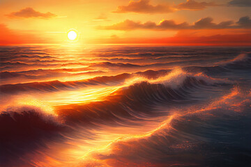 Serene ocean waves at sunset, Generative AI