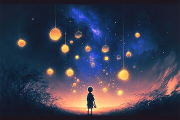 Fototapeta na wymiar The boy stands among the hanging glowing balls in the form of the moon, fairy tale dream illustration