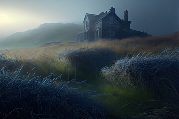 Fototapeta premium A solitary dilapidatedor spooky house in a meadow, Generative AI