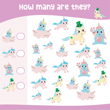 Counting How Many Cute Unicorn with same image do you see and write the number on the empty box