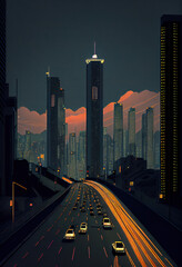 Fototapeta na wymiar Futuristic city with sunset and traffic, Generative AI