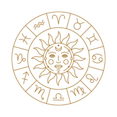 Horoscope calendar with sun and golden stylized zodiac symbols. Astrology horoscope circle. Witchcraft astrological wheel thin line vector illustration on white background