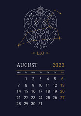 2023 Astrology wall monthly calendar with Leo zodiac sign. Vertical august calendar template with zodiac constellation and stars on blue sky, week starts on Sunday thin line vector illustration