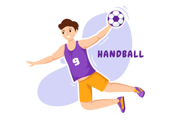 Fototapeta na wymiar Handball Illustration of a Player Touching the Ball with His Hand and Scoring a Goal in a Sports Competition Flat Cartoon Hand Drawing Template