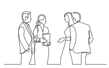 continuous line drawing group standing businee people discussing deal - PNG image with transparent background