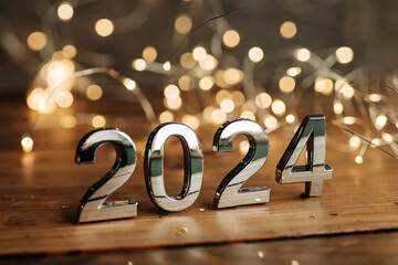 happy new year 2024 background new year holidays card with bright lights,gifts and bottle of hampagne - obrazy, fototapety, plakaty