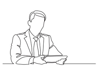 continuous line drawing sitting businessman with tablet - PNG image with transparent background