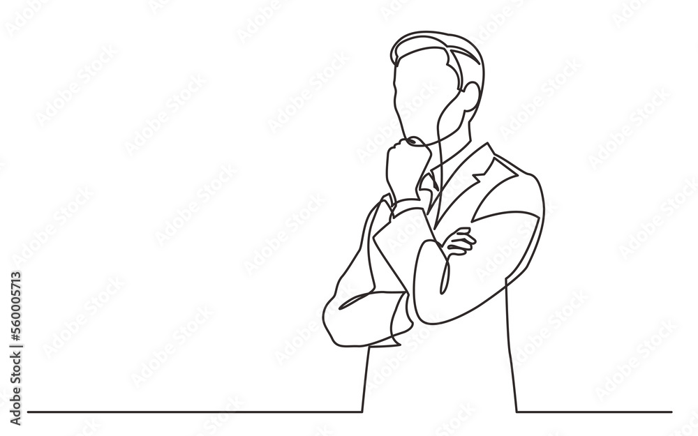 Wall mural continuous line drawing standing businessman thinking hard - png image with transparent background