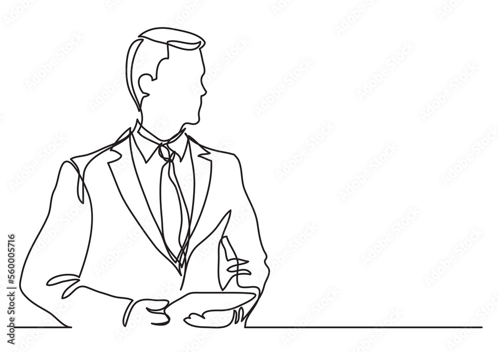 Wall mural continuous line drawing standing businessman with tablet - png image with transparent background