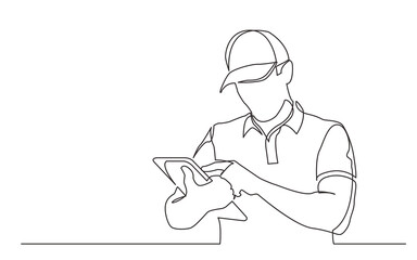 continuous line drawing standing delivery guy filling order on tablet - PNG image with transparent background