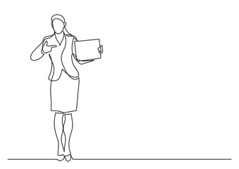 continuous line drawing standing female office worker pointing at blank sign - PNG image with transparent background
