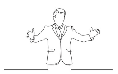 continuous line drawing standing man in suit showing hands - PNG image with transparent background