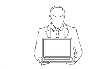 Fototapeta na wymiar continuous line drawing standing man in suit showing laptop computer - PNG image with transparent background