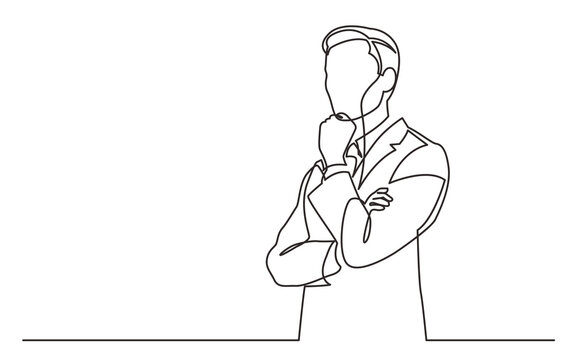 continuous line drawing standing businessman thinking hard - PNG image with transparent background