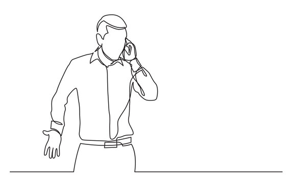 continuous line drawing standing man emotionally speaking cell phone - PNG image with transparent background