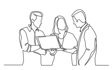 continuous line drawing team discussing work watching laptop computer - PNG image with transparent background