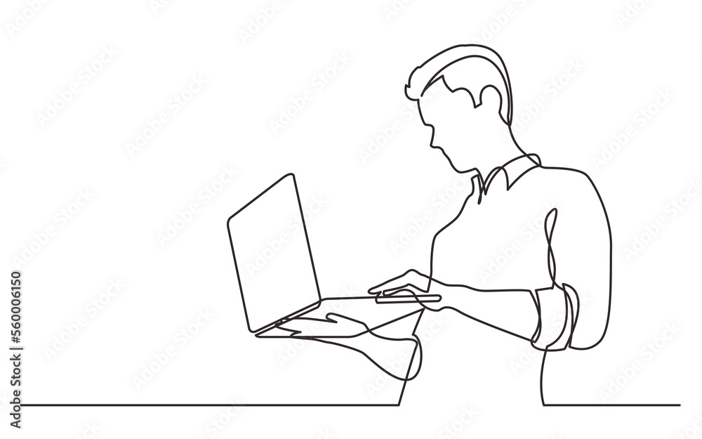 Fototapete continuous line man standing man watching laptop computer - png image with transparent background
