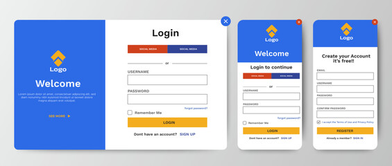 Set of Sign Up and Sign In forms. Blue gradient. Mobile Registration and login forms page. Professional web design, full set of elements. User-friendly design materials.	