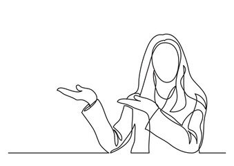 continuous line drawing woman showing something - PNG image with transparent background - obrazy, fototapety, plakaty