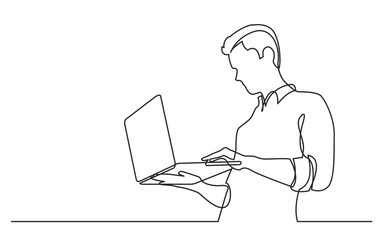 continuous line man standing man watching laptop computer - PNG image with transparent background